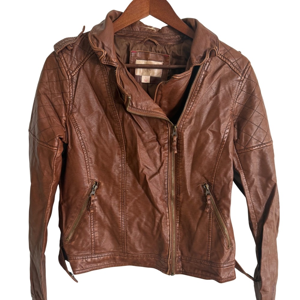 Xhilaration Womens Brown Faux Leather Moto‎ Jacket Quilted Shoulder Edgy Size L - Picture 3 of 14